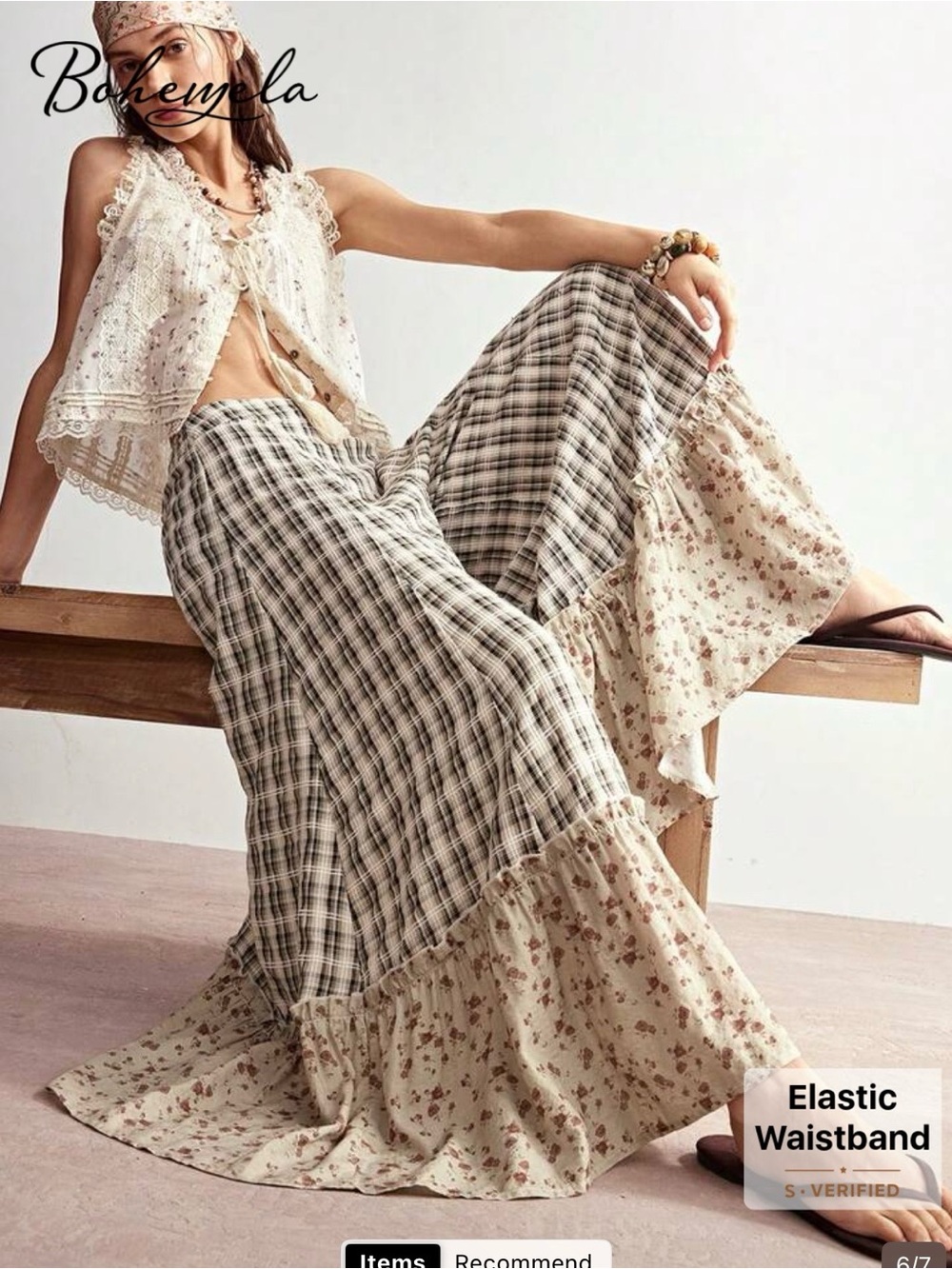 NWT Bohemela Autumn plaid and Floral Wide Leg Pants in Cream and Brown, Size XL
